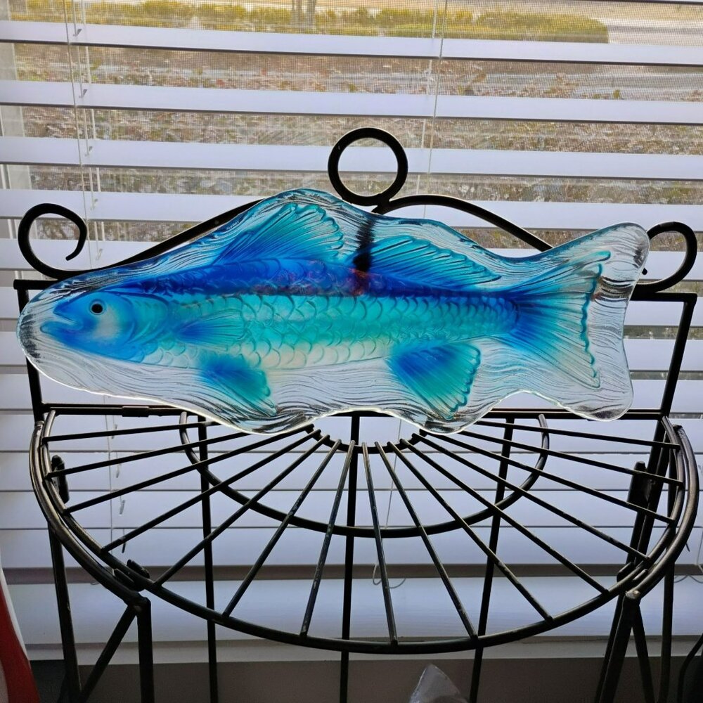 Blue Glass Fish Decorative Serving Dish, Coastal Centerpiece Platter, 18" Tray - Picture 7 of 9